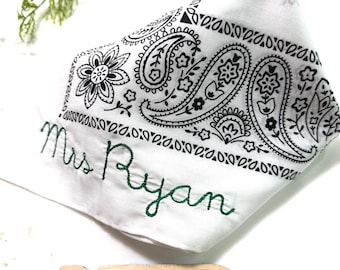 1 Embroidered Bandana Hand Stitch Font | Neck Wear Bridal Party Wedding Bridesmaid |Team Sports Personalized Bride’s Mrs New Name on Right