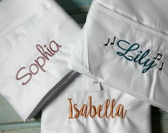 One Name on One White Pillowcase Monogrammed Embroidered Boy Girl Pillow Cover Custom Pillow Case Embroidery PersonalizedName on end ADD bow