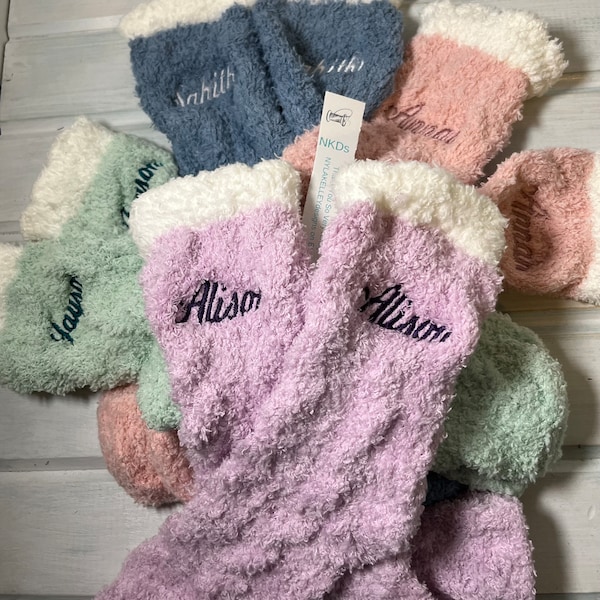 1 pair Youth Pink Aqua Fuzzy Super Soft Socks Kids Young Teen CREW Custom Monogrammed Casual Embroidered Initials Group Gift Apprx Age 9-14