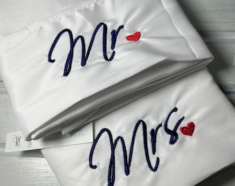 Pair Mr & Mrs Pillowcase Embroidered Gift SET Wedding Pillow Covers Pillow Case Set Custom Embroidery Personalized Married Names Std or King