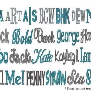 Pu&ograve; includere: Un elenco di nomi in diversi font e colori. I nomi sono: AKA, ARTAIS, BOW, BHK, DEWNC, Block, Bold, Brook, george, Hayes, Hobo, Jack, Kate, Kayleigh, Lauren, LP1MeI, PENNY, STRAW, Stu, Sweet. Il testo in fondo all'immagine dice "*Fonts are not true size".