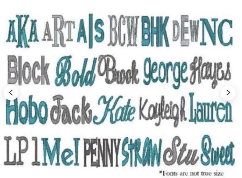Pu&ograve; includere: Un elenco di nomi in diversi font e colori. I nomi sono: AKA, ARTAIS, BOW, BHK, DEWNC, Block, Bold, Brook, george, Hayes, Hobo, Jack, Kate, Kayleigh, Lauren, LP1MeI, PENNY, STRAW, Stu, Sweet. Il testo in fondo all'immagine dice "*Fonts are not true size".
