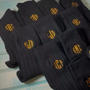 1 pr Men's Best Seller Cotton Brown, Black, Burg, Gray  Cotton Flat/Ribbed Dress Socks Embroidery Initials Wedding Party Size 6-12 Groomsmen