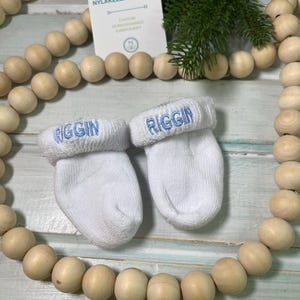 1 pair Preemie Custom Monogrammed Boy or Girl Bootie Socks, Boutique Photo Shoot, Doll Socks, Sweet FULL BLOCK Initials on White Baby Socks