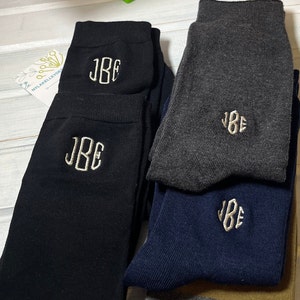 1pr Best Seller Mens Cotton Flat or Ribbed Navy, Brown, Black, Gray, Burg Dress Socks Embroidered Initials Wedding Party Size 6-12 Groomsmen