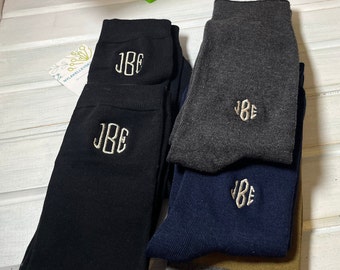 1 pr* Best Seller Mens Smooth Cotton Flat Ribbed Brown, Black, Gray, Burg Dress Socks Embroidered Initials Wedding Party Size 6-12 Groomsmen