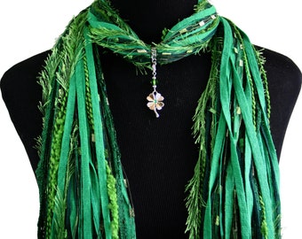 Silver Shamrock Necklace Scarf, St Patrick's Day Green Scarf, Irish Scarf, Clover Charm, Detachable Pendant Option