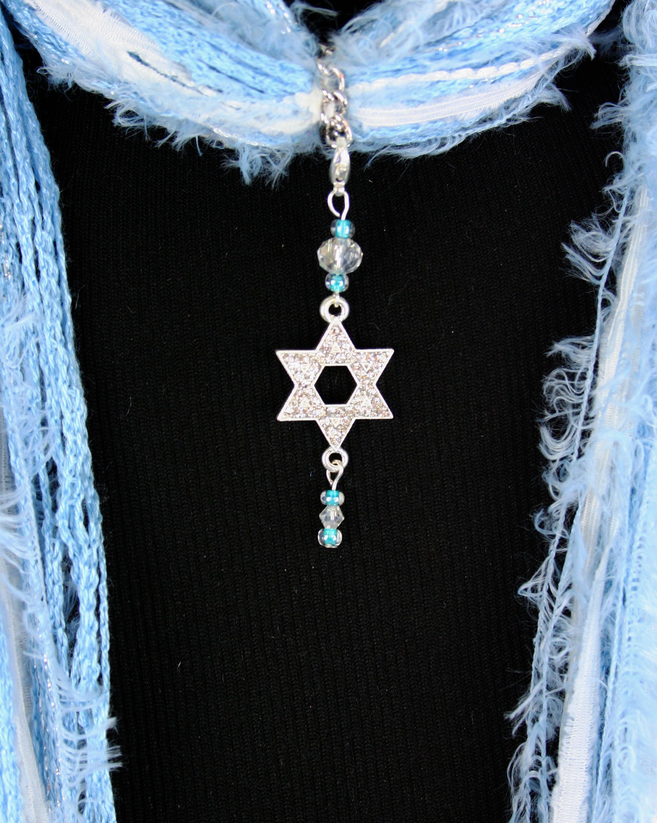 Blue White Hanukkah Scarf Detachable Pendant Option Quality Fibers Handmade with Care! Star of David Necklace Scarf