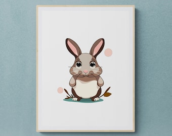 Bunny Nursery Wall Art Print, Woodland Rabbit Nursery Decor, Kids Room Wall Art, Baby Nursery Print, Digital Download