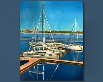 Sailboats Oil Painting on Canvas, Original Artwork, Blue Landscape