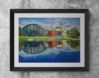 Stadslandskap oljemålning original | Urban vattenreflektionskonst | Samtida realism | 31 x 42 cm