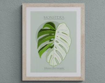 Botanical Art, Downloadable Monstera Plant Art Print Digital Poster, Exotic Plants Deliciosa Albo Variegata