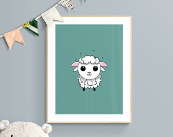 Baby Sheep Wall Art, Farm Animals Nursery Digital Art Print, Teal Green