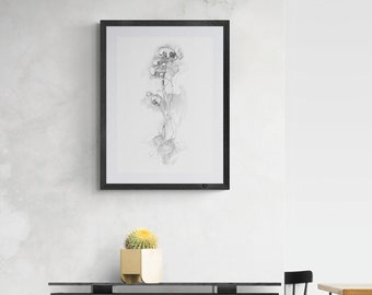 Floral Art Prints Download, Minimalist Orchid Flower Wall Art, Plant Pencil Drawing Print