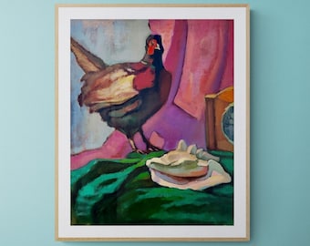 Pintura al óleo de pájaro faisán, obra de arte original sobre lienzo, bodegones coloridos