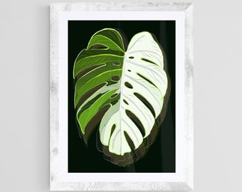 Monstera Plant Poster Art Print Download, Dark Botanical Print, Wall Art Printable, Deliciosa Albo Variegata Poster