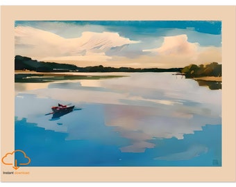 Lake Watercolor Painting - Landscape Print, Coastal Artwork, Downloadable Art