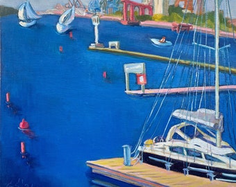Pequeña pintura al óleo original: barcos en el agua, arte náutico para pared