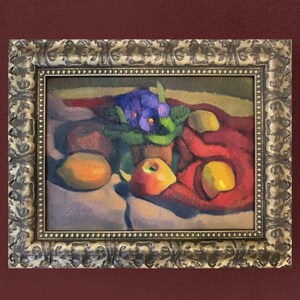 Framed Still Life Oil Painting - Original Artwork with Fruits and Flowers - Ornate Golden Frame