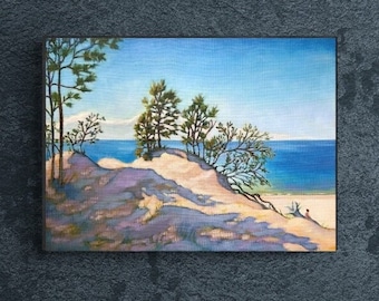 Paisaje costero de pintura al óleo, obra de arte original, paisaje marino sobre lienzo