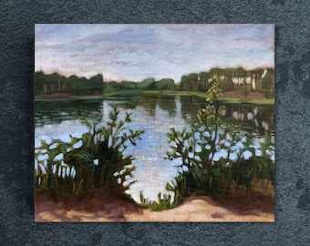 Lake Landscape Oil PAINTING on Canvas, Original Artwork in Gray, Blue and Green