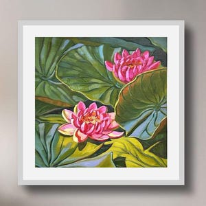 Original Small Water Lily Oil Painting – Green and Pink Flower Artwork on Canvas Board