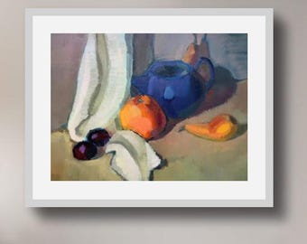 Original Fruit Still Life Oil Painting, Blue Teapot Kitchen Art, Grapefruit Plums Wall Decor, Impressionist Dining Room Art