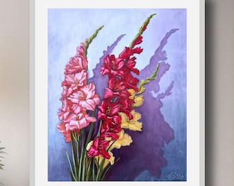 Stampa artistica di gladiolo: riproduzione di un dipinto a olio di fiori di nascita di agosto, regalo di decorazione murale botanica