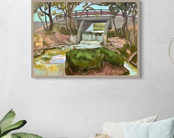 Original Oil Painting – Stone Bridge Waterfall Landscape on Canvas, Forest River Art (50x70 cm)
