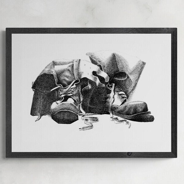 Digital Old Combat Boots Drawing Wall Art Print Download, Minimalist Black and White Wall Decor