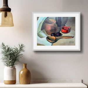 Nature morte rustique, peinture à l&#39;huile, poterie et cuillère en bois, oeuvre d&#39;art originale sur toile, nature morte de style classique