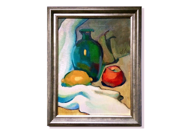 Discover the beauty of our vibrant still life original oil painting, a stunning piece of framed artwork that brings a touch of vintage charm to any space. This one of a kind hand-painted canvas features an exquisite arrangement of fruits and a bottle, captured in an impressionist style that radiates color and warmth. Whether you're looking to enhance your kitchen decor or add a focal point to your dining area, this unique art piece serves as a delightful addition to your home.