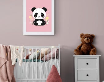 Impression d'art pour chambre d'enfant panda rose, décoration murale pour bébé fille, animal mignon à imprimer, téléchargement immédiat