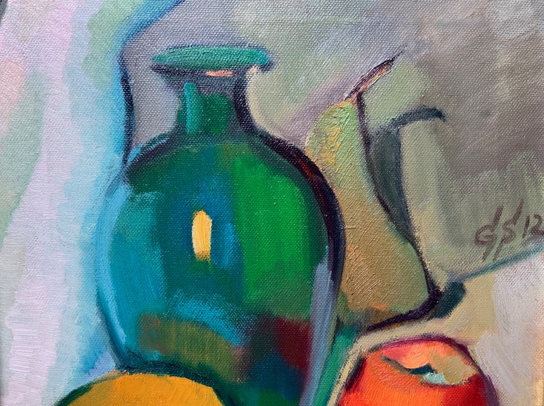Discover the beauty of our vibrant still life original oil painting, a stunning piece of framed artwork that brings a touch of vintage charm to any space. This one of a kind hand-painted canvas features an exquisite arrangement of fruits and a bottle, captured in an impressionist style that radiates color and warmth. Whether you're looking to enhance your kitchen decor or add a focal point to your dining area, this unique art piece serves as a delightful addition to your home.