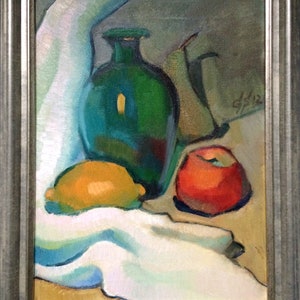 Discover the beauty of our vibrant still life original oil painting, a stunning piece of framed artwork that brings a touch of vintage charm to any space. This one of a kind hand-painted canvas features an exquisite arrangement of fruits and a bottle, captured in an impressionist style that radiates color and warmth. Whether you're looking to enhance your kitchen decor or add a focal point to your dining area, this unique art piece serves as a delightful addition to your home.