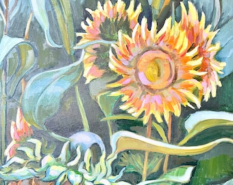 Original Sunflower Oil Painting Yellow Flower Canvas Art Farmhouse Wall Decor