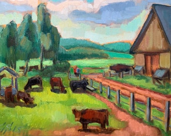 Original Cow Painting, Rustic Barn Farm Landscape, Country Meadow Oil on Canvas, Farmhouse Wall Decor, Impressionist Pasture Scene Art