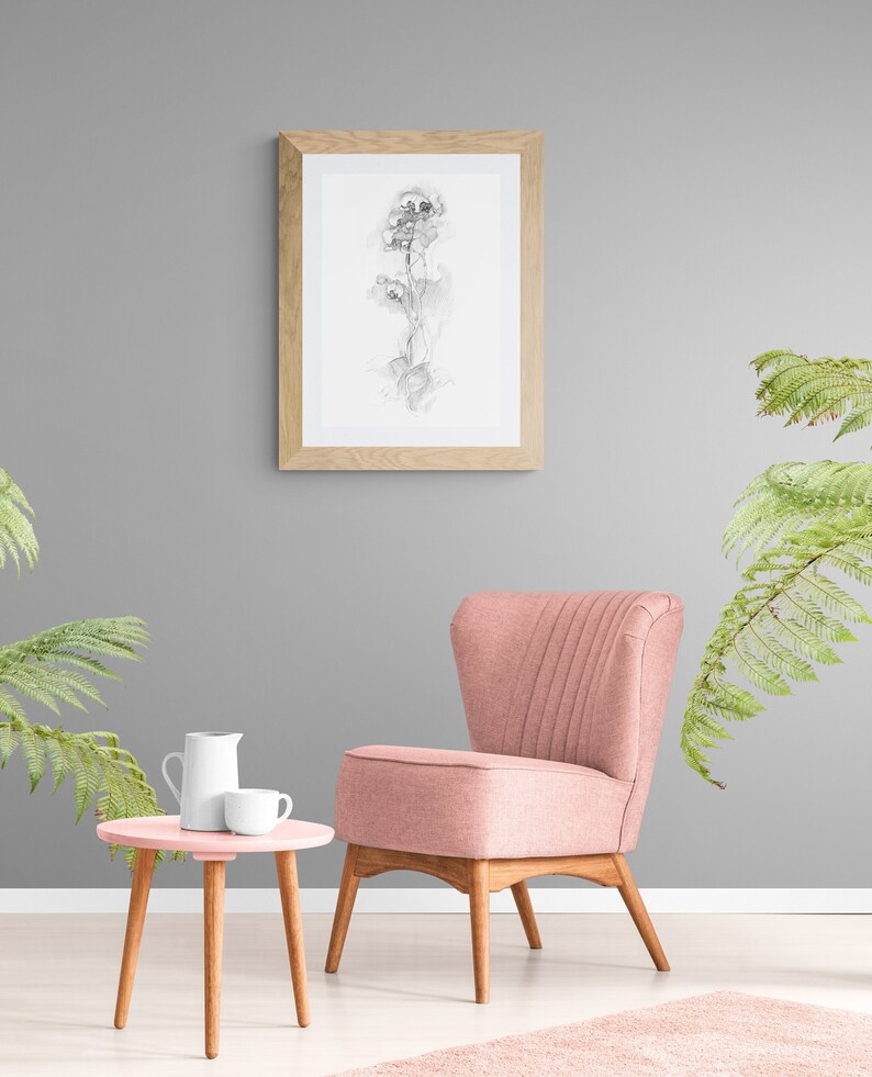 Floral Art Prints Download, Minimalist Orchid Flower Wall Art, Plant Pencil Drawing Print image 4