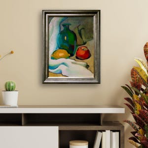 Discover the beauty of our vibrant still life original oil painting, a stunning piece of framed artwork that brings a touch of vintage charm to any space. This one of a kind hand-painted canvas features an exquisite arrangement of fruits and a bottle, captured in an impressionist style that radiates color and warmth. Whether you're looking to enhance your kitchen decor or add a focal point to your dining area, this unique art piece serves as a delightful addition to your home.