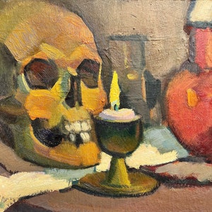 Piccolo dipinto ad olio con teschio Vanitas - Natura morta a lume di candela - Opera d&#39;arte originale
