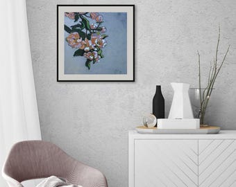 Målning av äppelblomskvist | Original akrylbotanisk konst | Vårblommig duk | Impressionistisk väggdekoration | Naturkonstverk, gåva