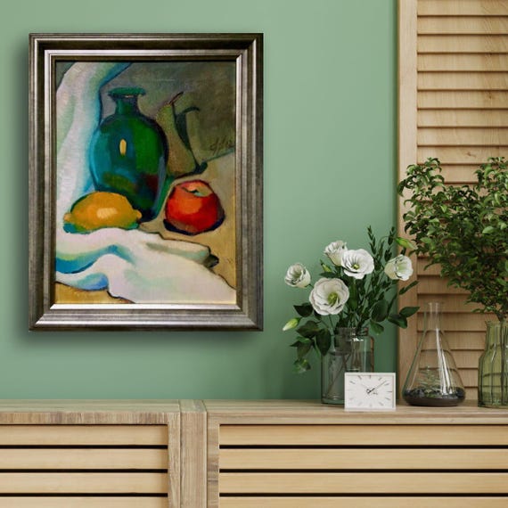 Framed Still Life Oil Painting: Vintage Kitchen Art, Silver Frame