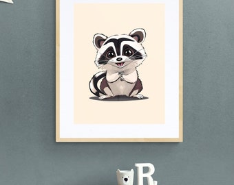 Può includere: Un'illustrazione incorniciata di un adorabile procione dei cartoni animati con segni neri e bianchi, seduto su uno sfondo beige chiaro.