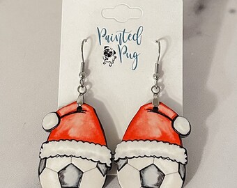 Christmas Soccer Earrings, Soccer Dangle Earrings, Gift for Soccer Mom, Soccer Earrings Dangle, Santa Hat Soccer Earrings, Soccer Gifts