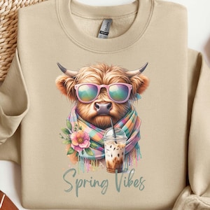 Cute Highland Cow Sweatshirt, Spring Vibes, Cozy Layering, Farm Animal Apparel, Cute Animal Sweatshirt, Spring Sweatshirt