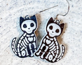 Cat Skeleton Earrings, Halloween Cat Earrings, Cat Halloween Earrings, Halloween Skeleton Earrings, Funny Cat Earrings, Gift for Cat Lover