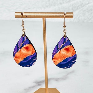 Purple Orange Earrings, Purple Dangle Earrings, Purple Agate Earrings, Purple Orange Dangle Earrings, Gameday Earrings, Tigers Earrings image 1