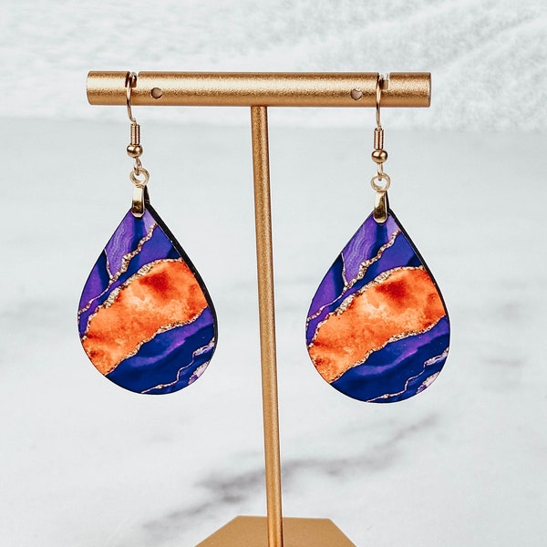 Purple Orange Earrings, Purple Dangle Earrings, Purple Agate Earrings, Purple Orange Dangle Earrings, Gameday Earrings, Tigers Earrings