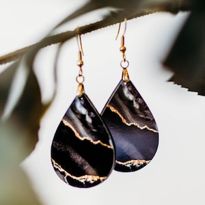 Black Earrings Dangle Drop, Black Gold Earrings for Women, Black Earrings Dangle, Black and Gold Dangle Earrings, Birthday Gift for Her