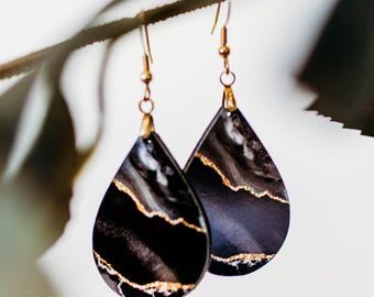 Black Earrings Dangle Drop, Black Gold Earrings for Women, Black Earrings Dangle, Black and Gold Dangle Earrings, Birthday Gift for Her